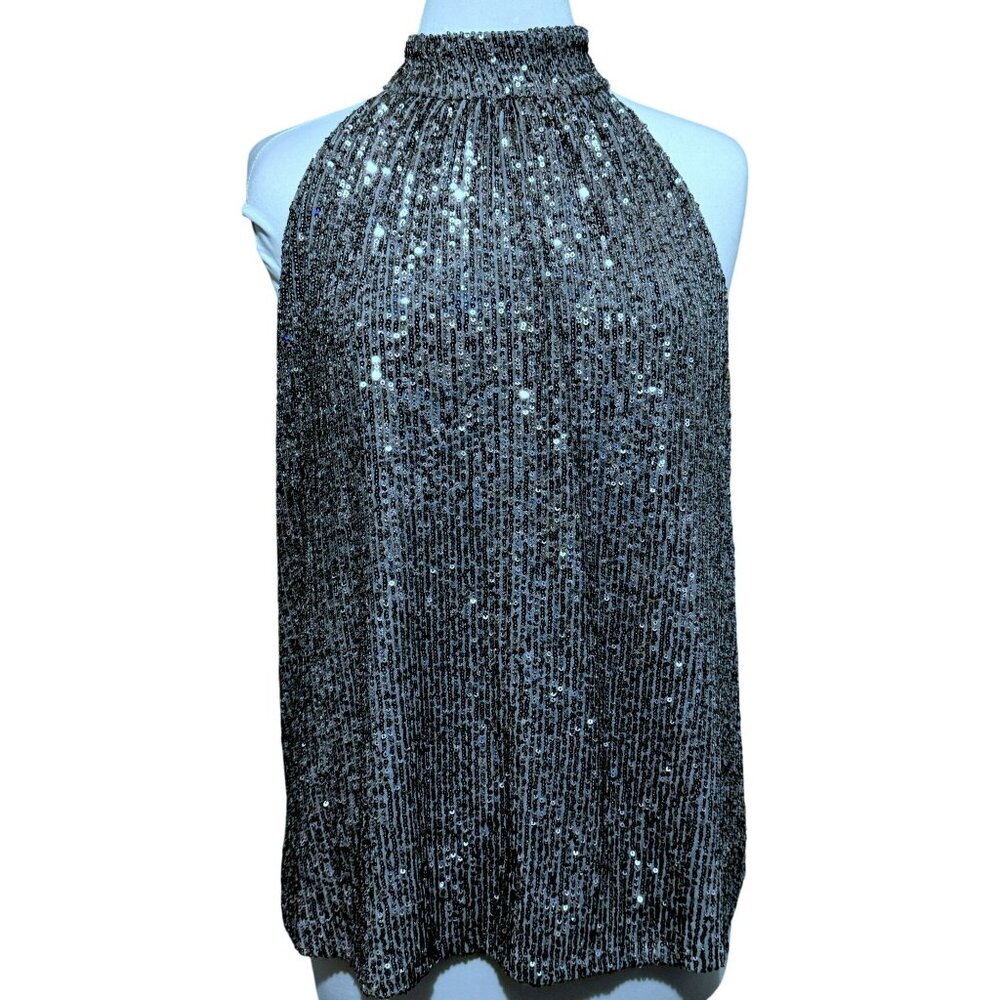 Halogen Women's Halter Neck Sequin Sleeveless Top Smocked Pearl Gray Sz XL NEW